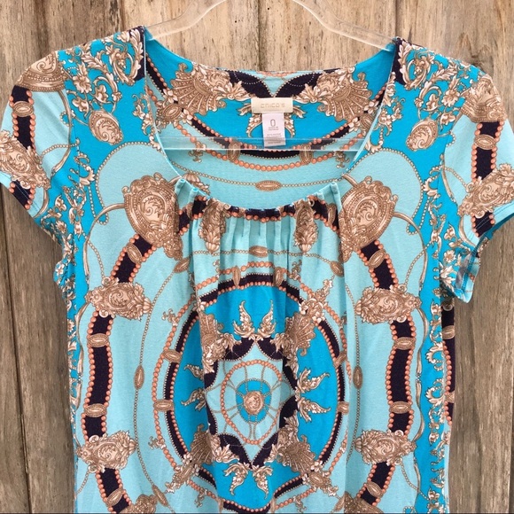 Chico's Blue and Gold Scarf Print Short Sleeve Top Blouse Size 0 - Picture 3 of 8